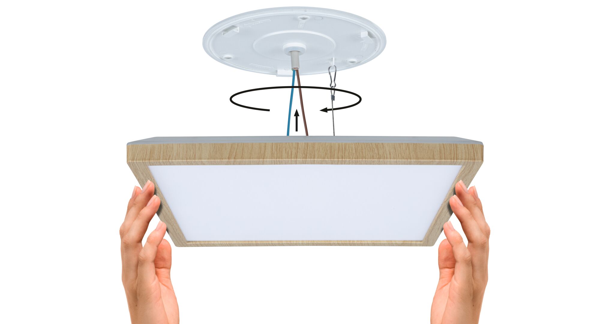 Plafonnier rectangulaire avec cadre en bois et diffuseur blanc, installation facile avec connexion câblée.