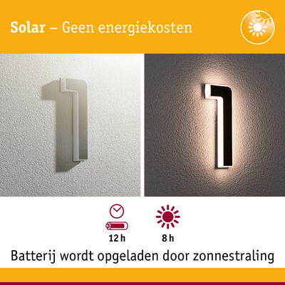 Zonne-energie huisnummer 1 in wit met LED-verlichting, energiezuinige buitenmuurlamp