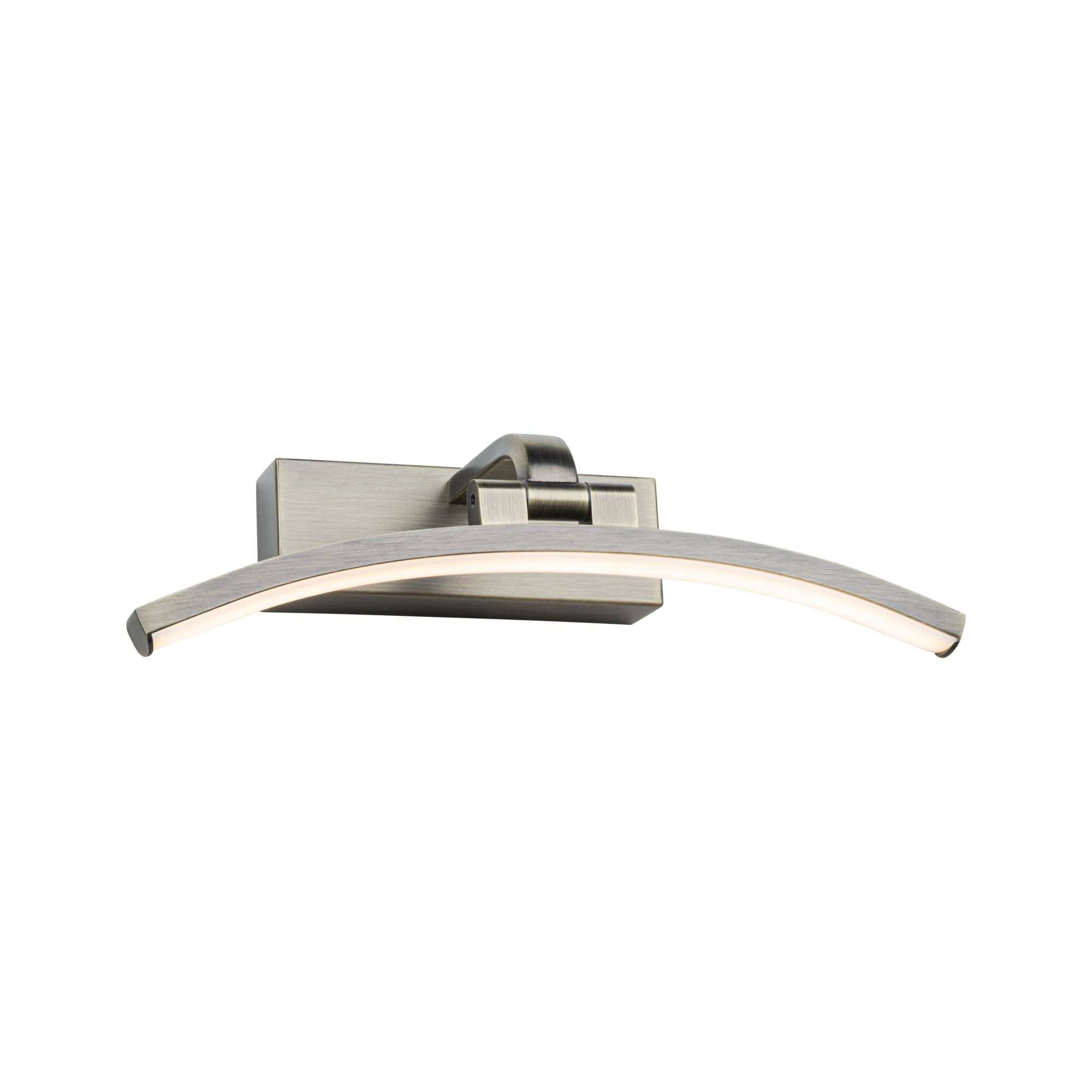 Curved LED wall light in brushed silver metal with warm white light for modern interior lighting