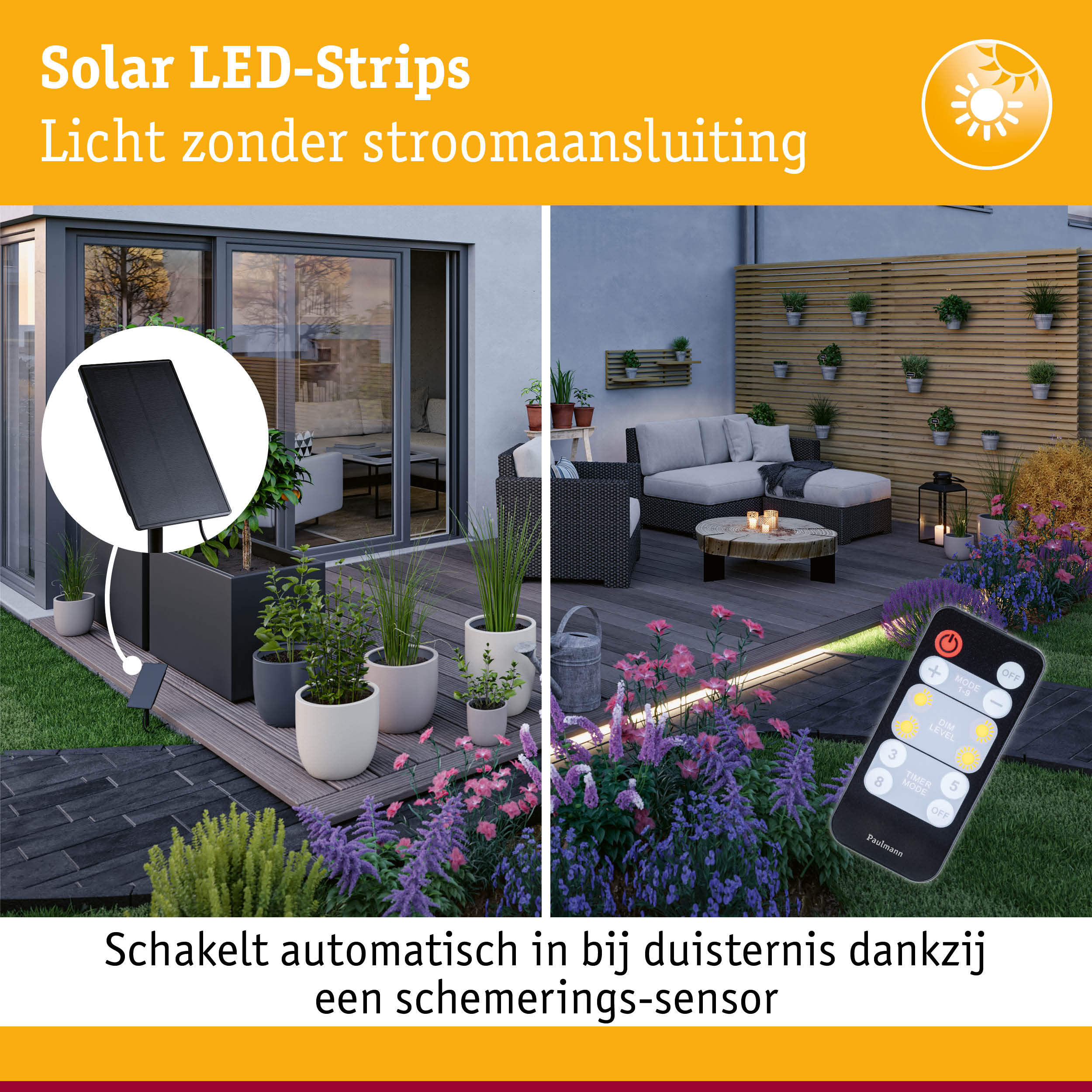 Zonne-LED-strips met zwart zonnepaneel en afstandsbediening in moderne tuin met zithoek