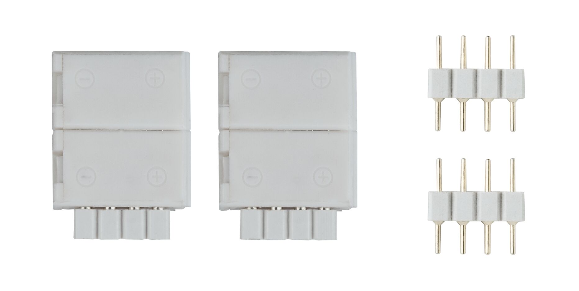 White plastic connector with four pins for LED lighting systems, electrical accessory