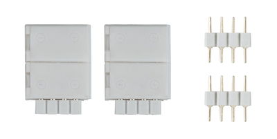 White plastic connector with four pins for LED lighting systems, electrical accessory