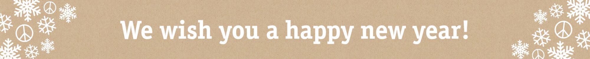 Happy New Year greeting on brown cardboard with white snowflakes and peace signs