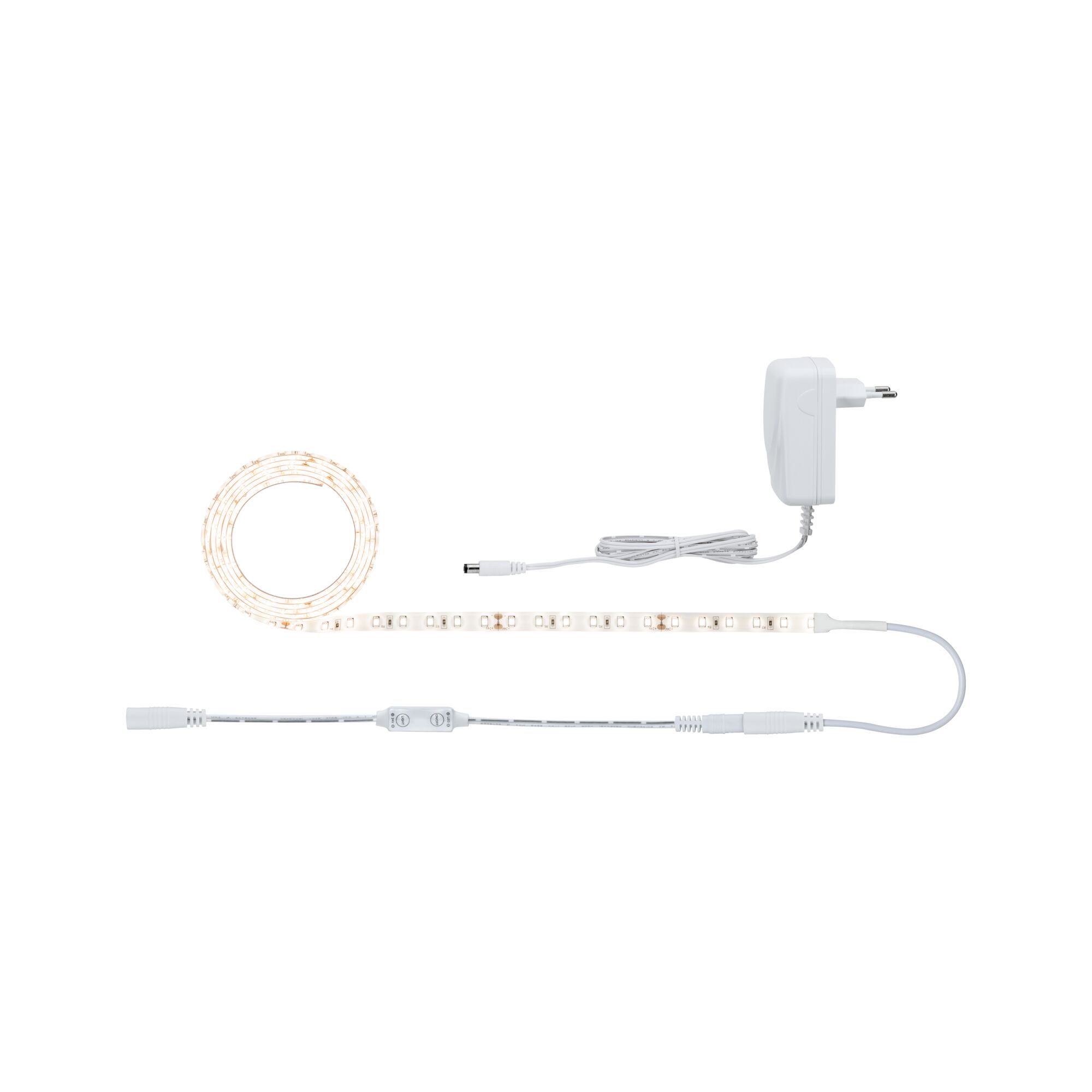 Witte LED-strip met adapter en afstandsbediening voor veelzijdige verlichting.