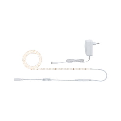 White LED strip light with power adapter and remote for versatile lighting setups.