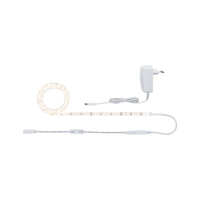 White LED strip light with power adapter and remote for versatile lighting setups.