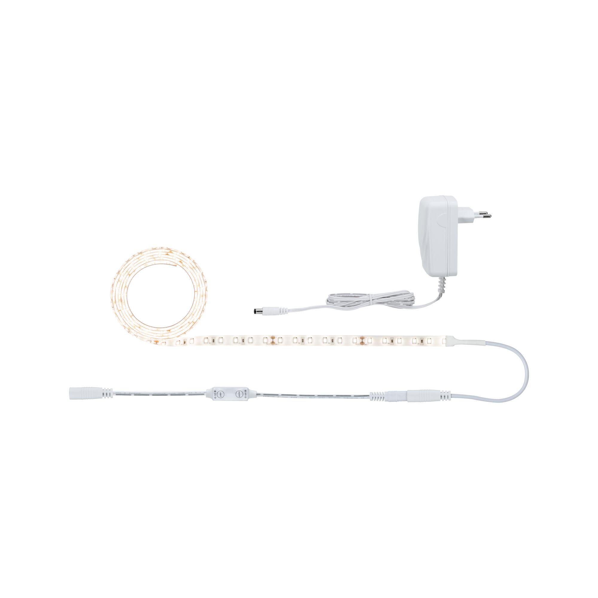 White LED strip light with power adapter and control cable for flexible lighting setups