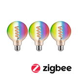 Drei bunte LED-Glühbirnen mit Spiralfaden und Zigbee-Funktion für smarte Beleuchtung