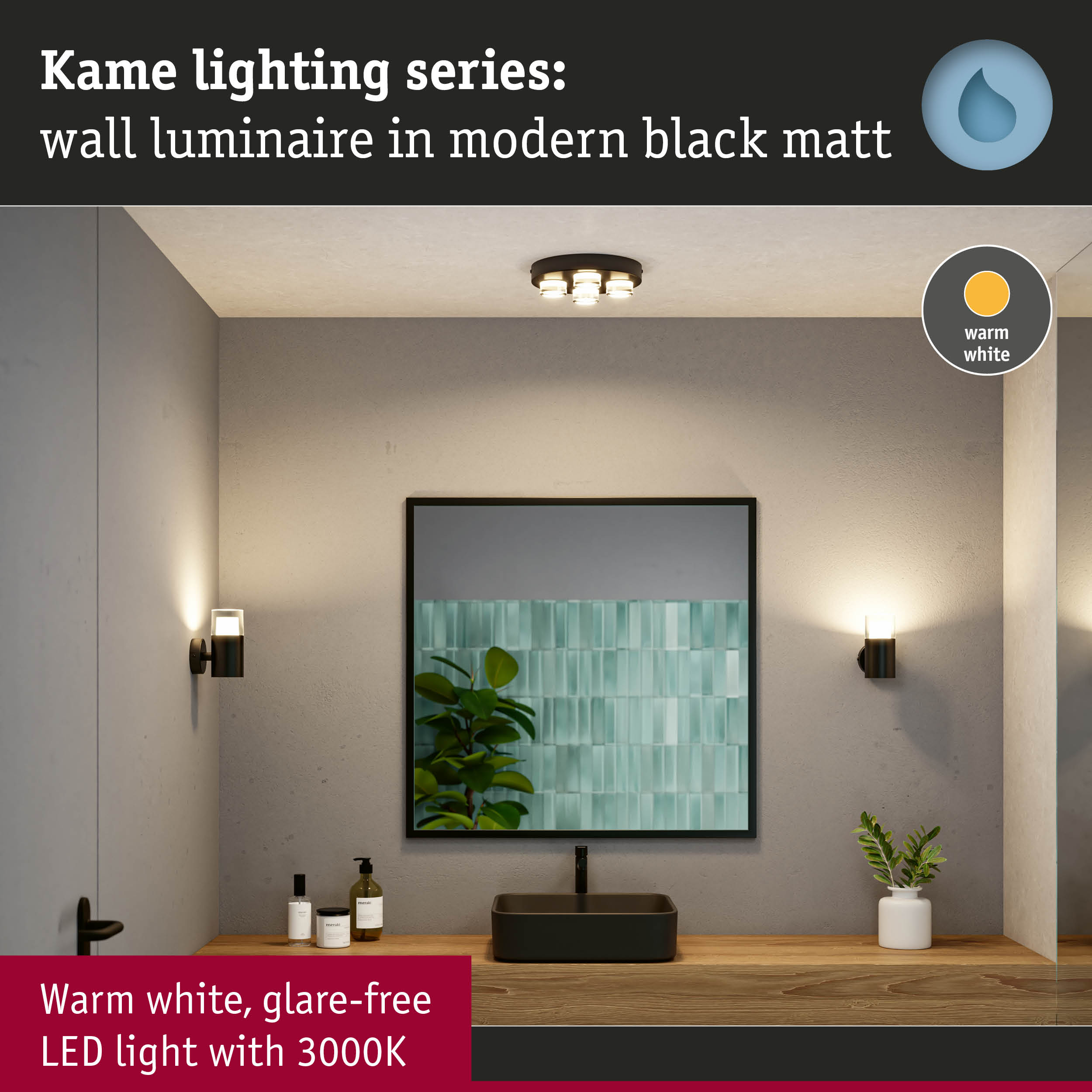 Kame wall luminaire in modern matte black with warm white 3000K LED light for bathroom lighting