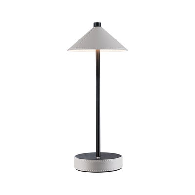 Modern table lamp with black metal stem and grey leather shade and base for stylish home lighting