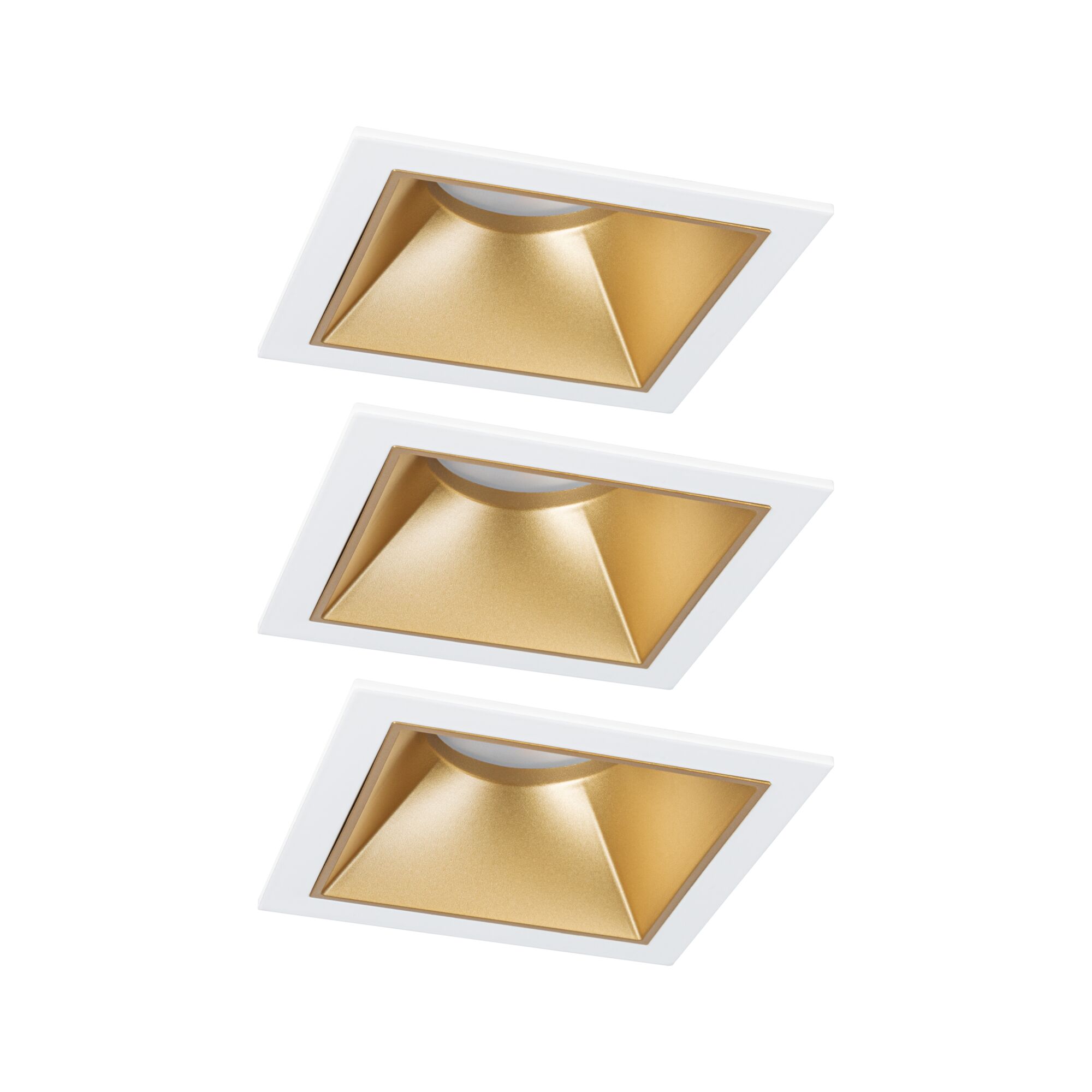 Drei quadratische Einbaustrahler mit weißem Rahmen und goldfarbenem Reflektor für moderne LED-Beleuchtung