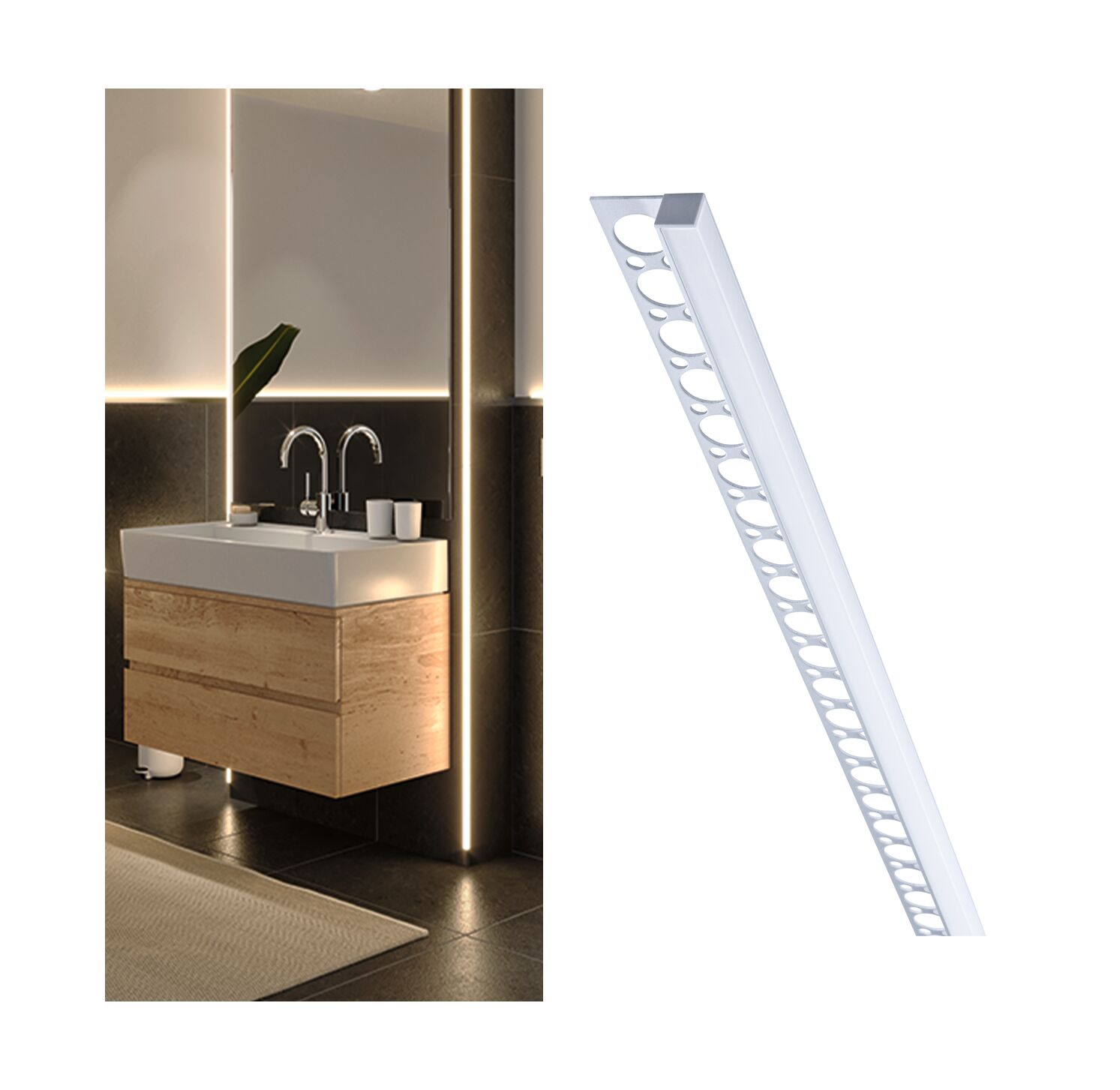 LumiTiles LED Strip profile Frame 1m Anodised aluminium/Satin Modern bathroom with wooden vanity and LED light strips providing ambient lighting in dark tiles