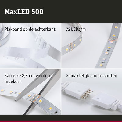 MaxLED 500 LED-strip met plakband, 72 LEDs per meter, elke 8,3 cm in te korten, eenvoudig aan te sluiten