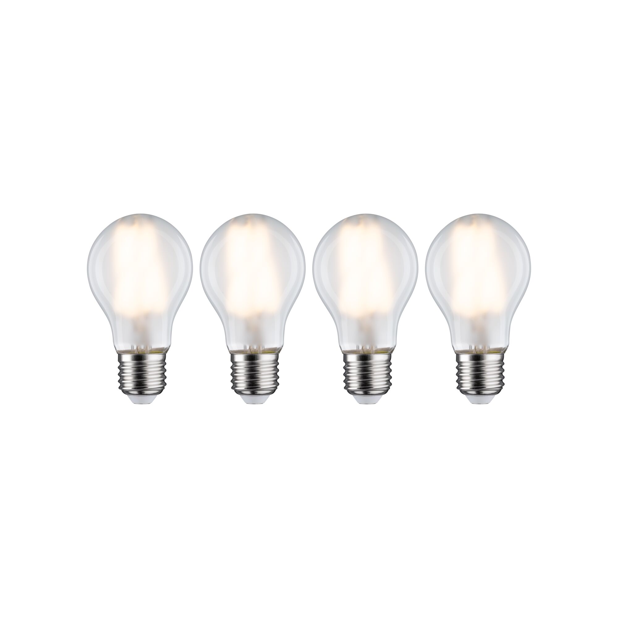 Vier LED-Glühbirnen mit E27-Fassung und warmweißem Licht für energiesparende Beleuchtung