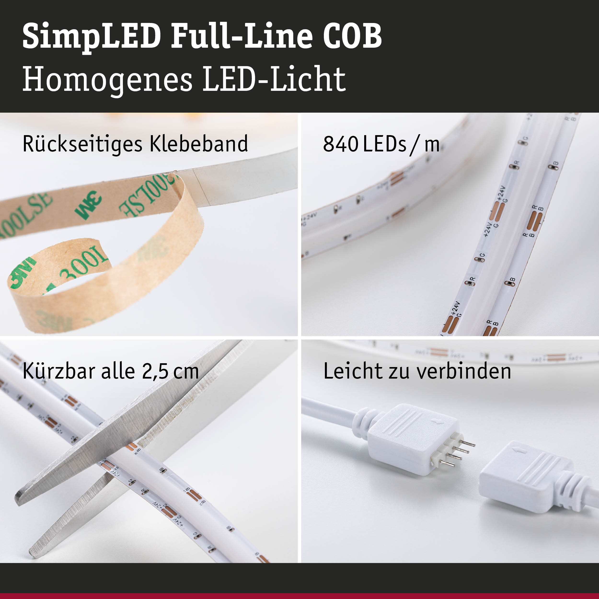 LED-Lichtstreifen mit rückseitigem Klebeband, 840 LEDs pro Meter, zuschneidbar und leicht verbindbar