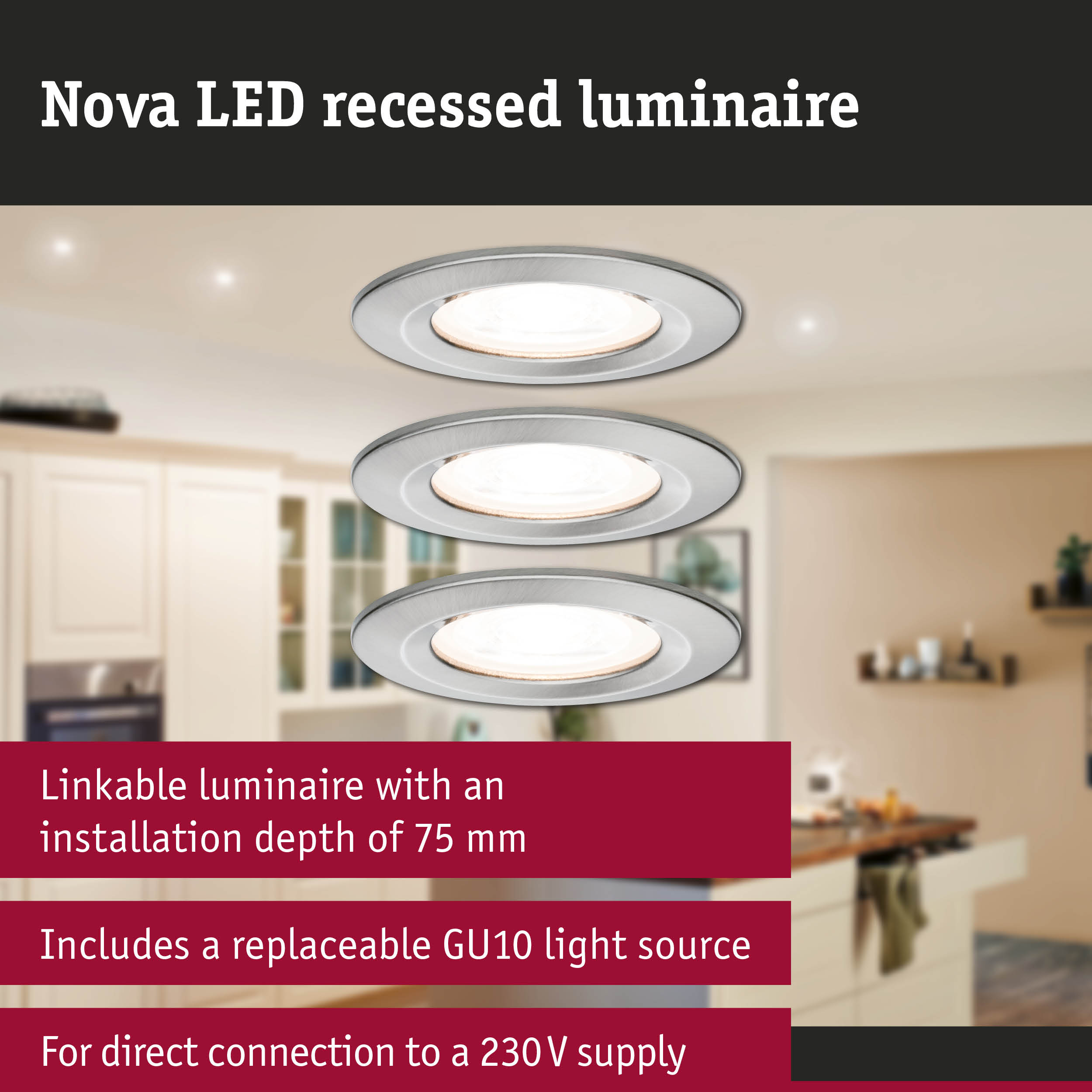 Nova LED recessed luminaire in brushed silver aluminium for modern indoor lighting solutions