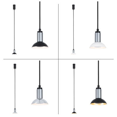 Four modern pendant lights with metal shades in black, white, and chrome for stylish room lighting