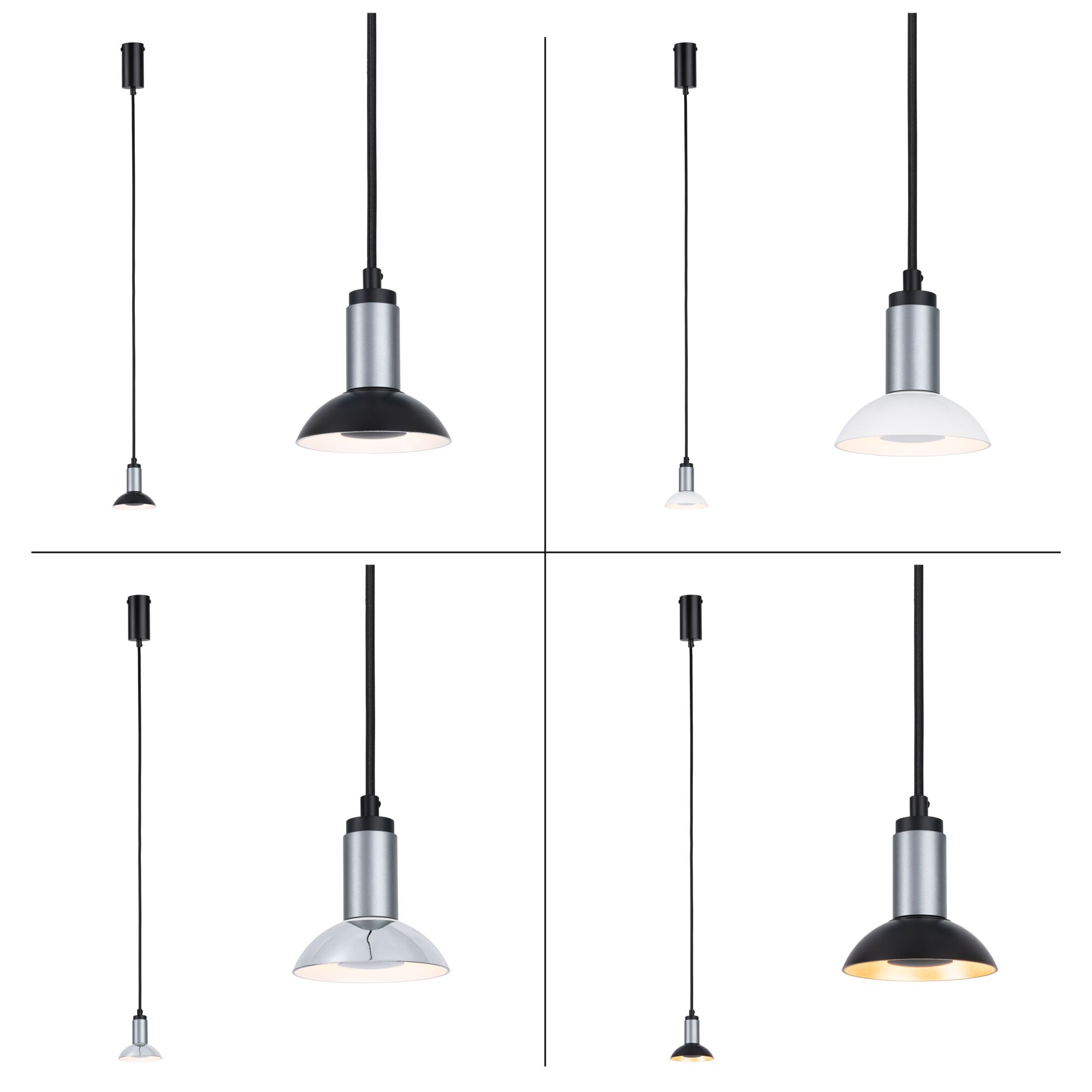 Four modern pendant lights with metal shades in black, white, and chrome for stylish room lighting