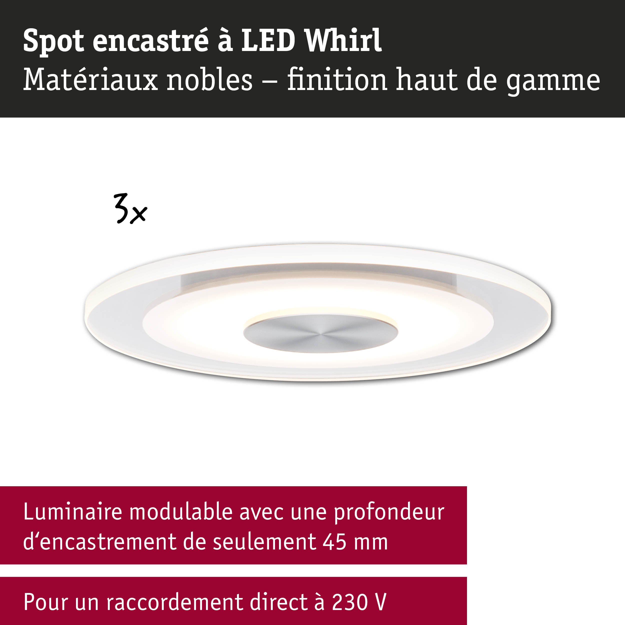Spot encastré LED Whirl blanc avec finition haut de gamme et faible profondeur d'encastrement
