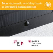 Close-up of black solar panel with integrated motion detector for automatic light switching