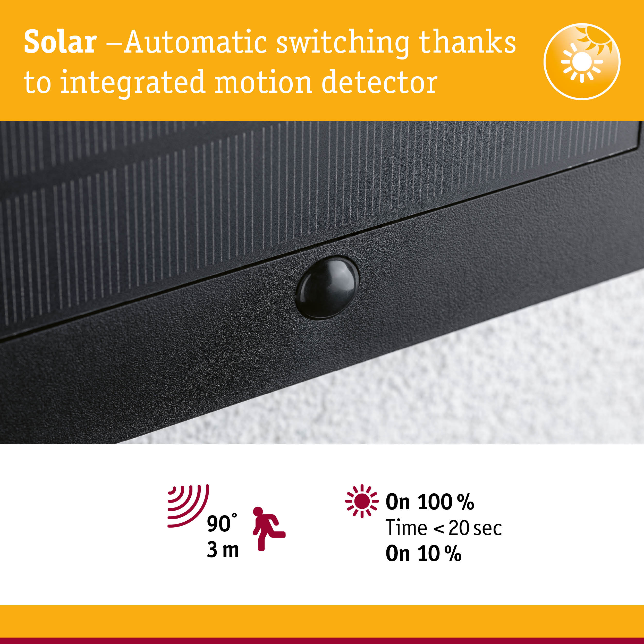 Close-up of black solar panel with integrated motion detector for automatic light switching