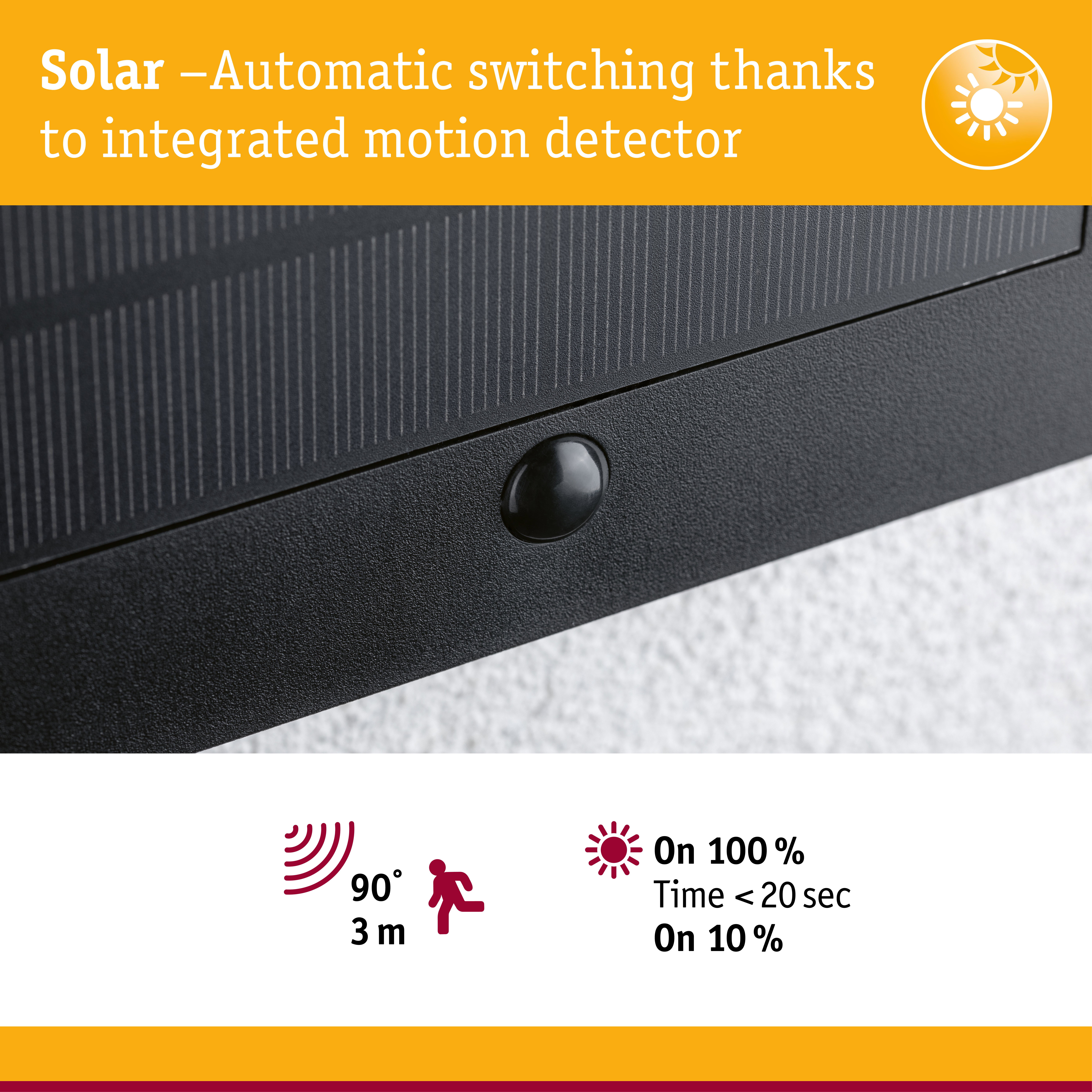Close-up of black solar panel with integrated motion detector for automatic light switching