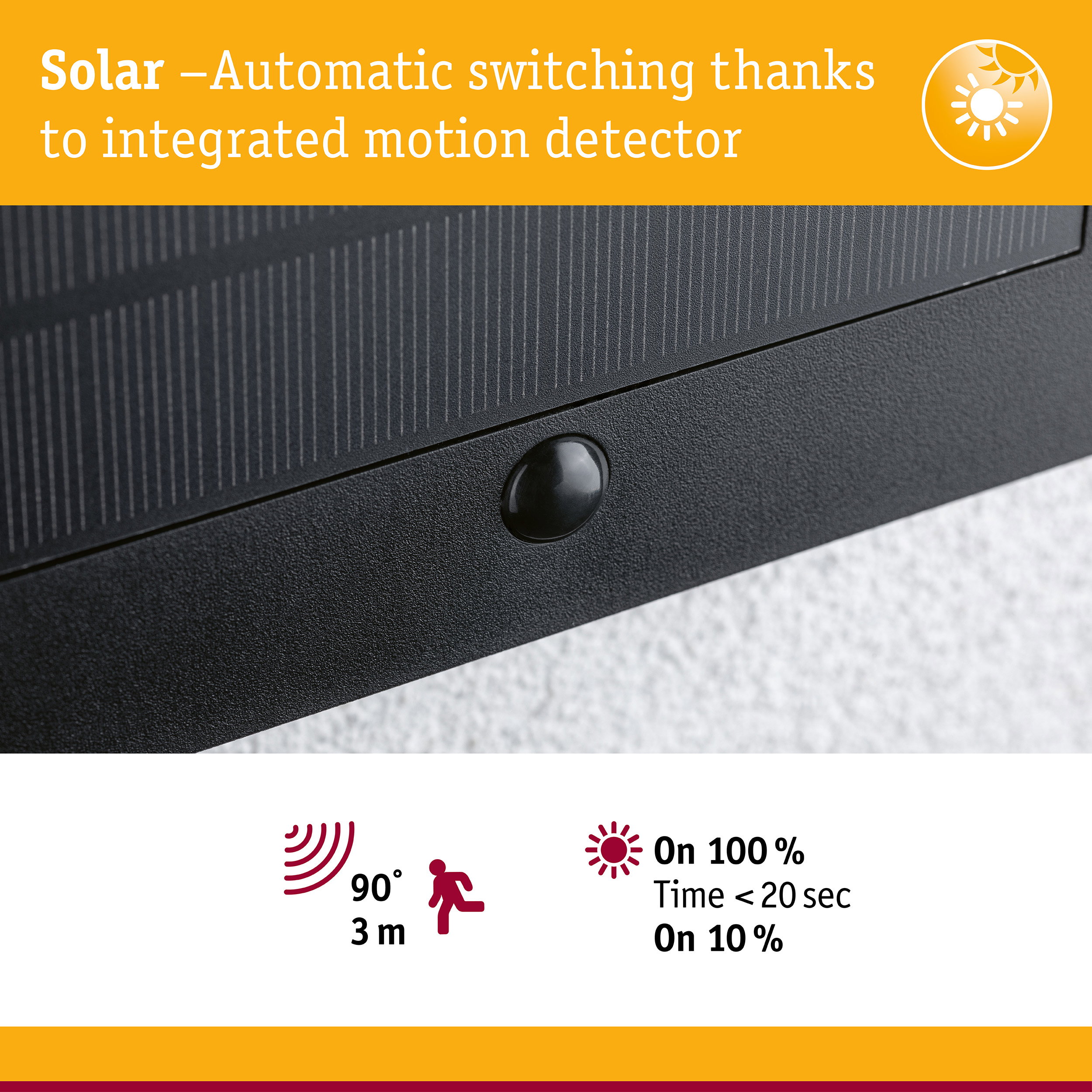 Close-up of black solar panel with integrated motion detector for automatic light switching