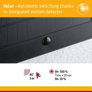 Close-up of black solar panel with integrated motion detector for automatic light switching