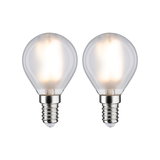 Two frosted LED bulbs with E14 base emitting warm white light for energy-efficient lighting