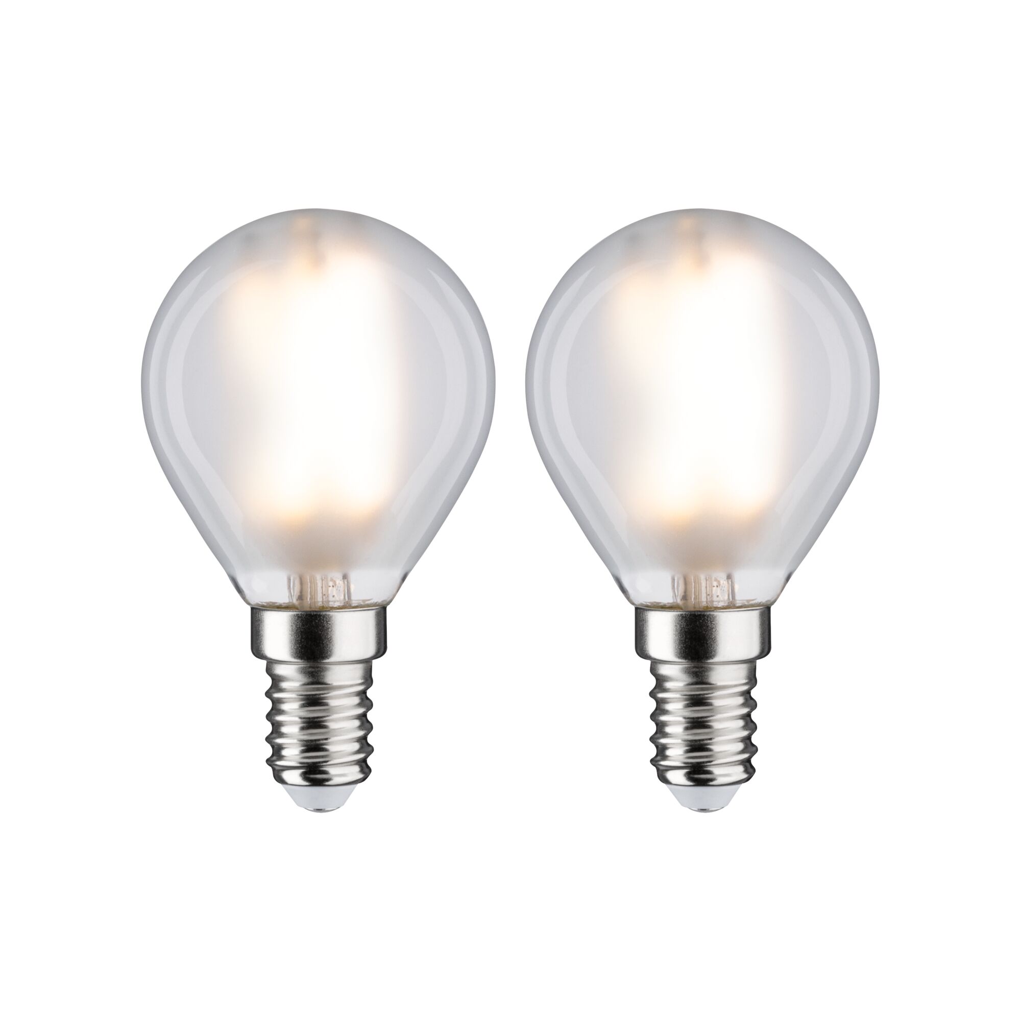 Two frosted LED bulbs with E14 base emitting warm white light for energy-efficient lighting