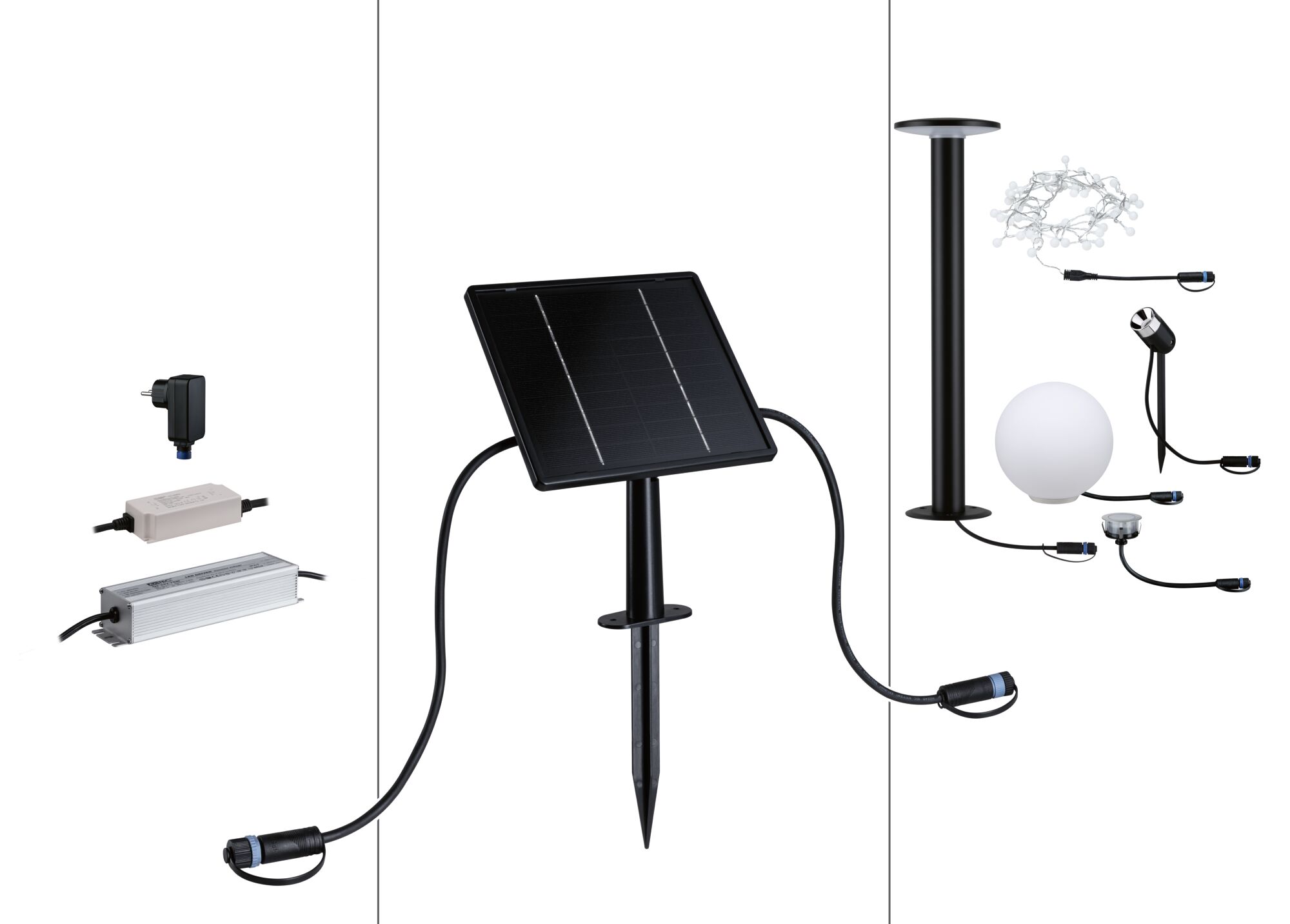 Panneau solaire noir avec piquet de terre et divers composants LED pour éclairage extérieur