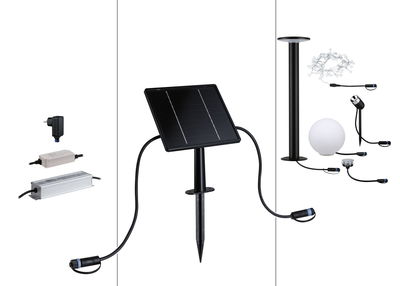 Panneau solaire noir avec piquet de terre et divers composants LED pour éclairage extérieur