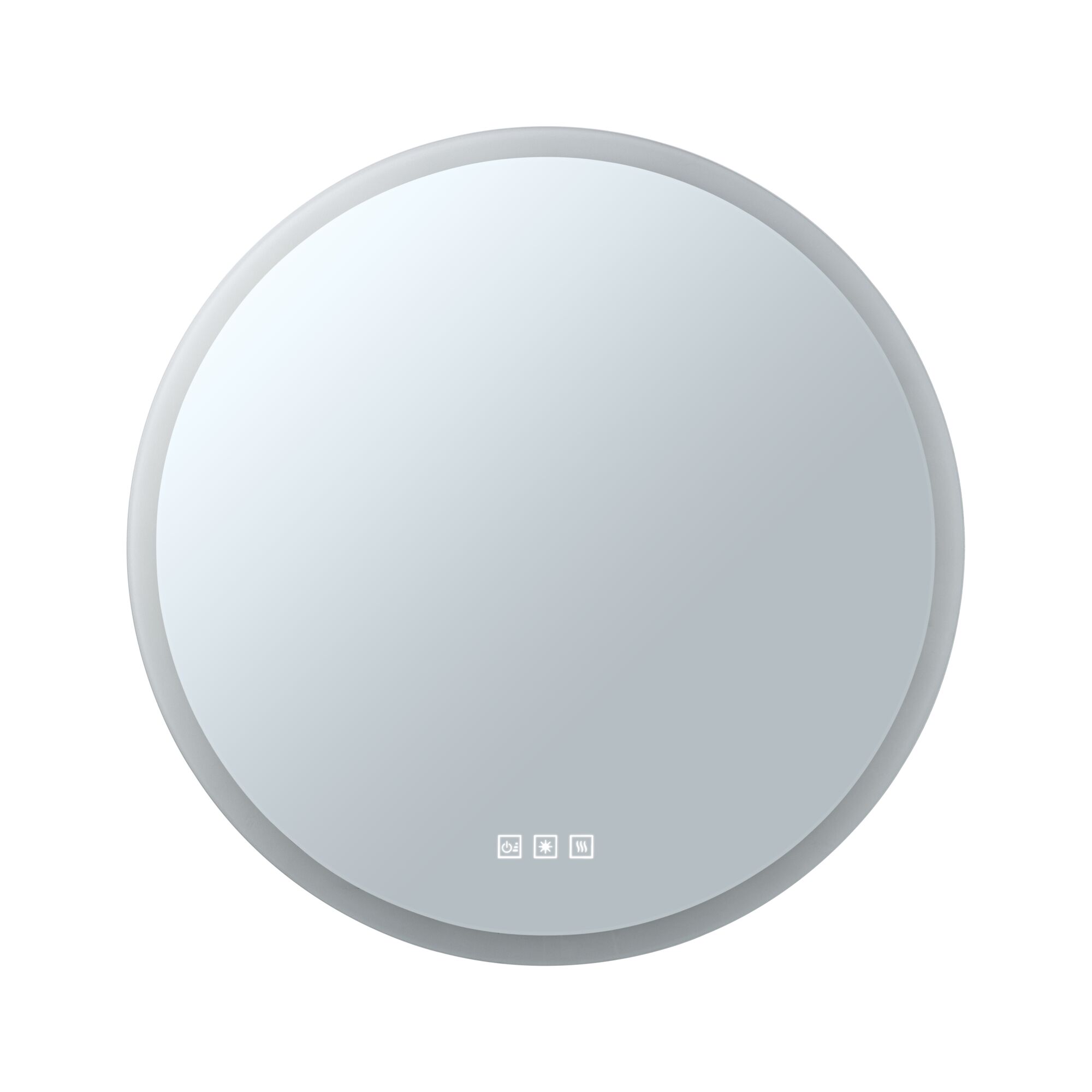 Round LED mirror with touch controls and grey frame for modern bathroom lighting