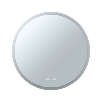 Round LED mirror with touch controls and grey frame for modern bathroom lighting