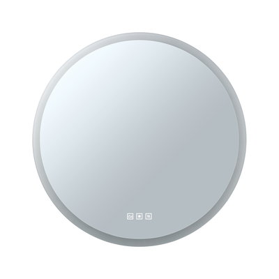Round LED mirror with touch controls and grey frame for modern bathroom lighting