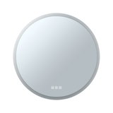 Runder LED-Spiegel mit Touch-Bedienfeld und grauem Rahmen für modernes Badlicht