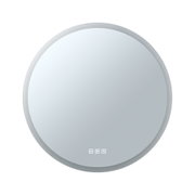 Round mirror with white frame and touch controls for light and heating, modern bathroom accessory