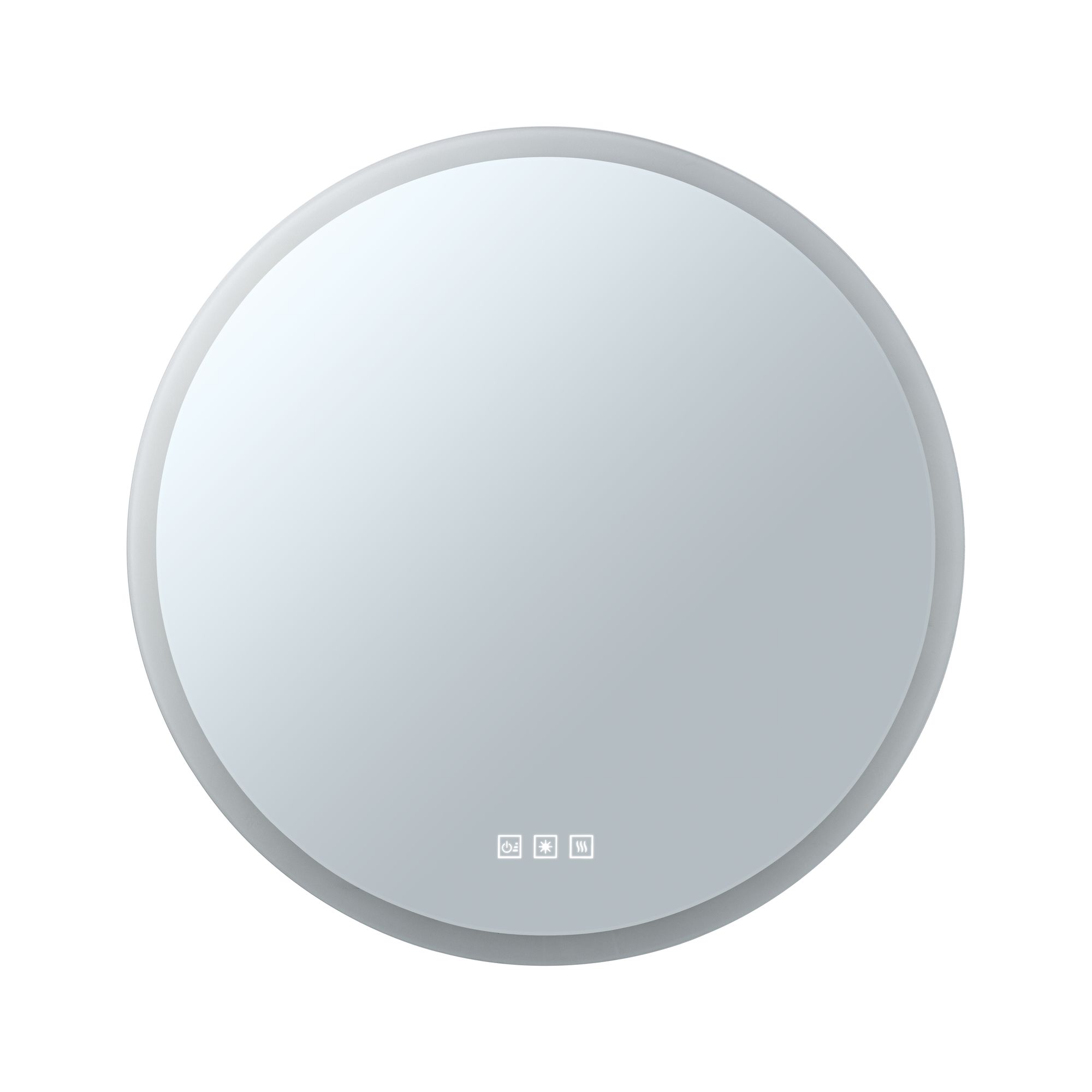 Round mirror with white frame and touch controls for light and heating, modern bathroom accessory