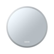 Round mirror with white frame and touch controls for light and heating, modern bathroom accessory
