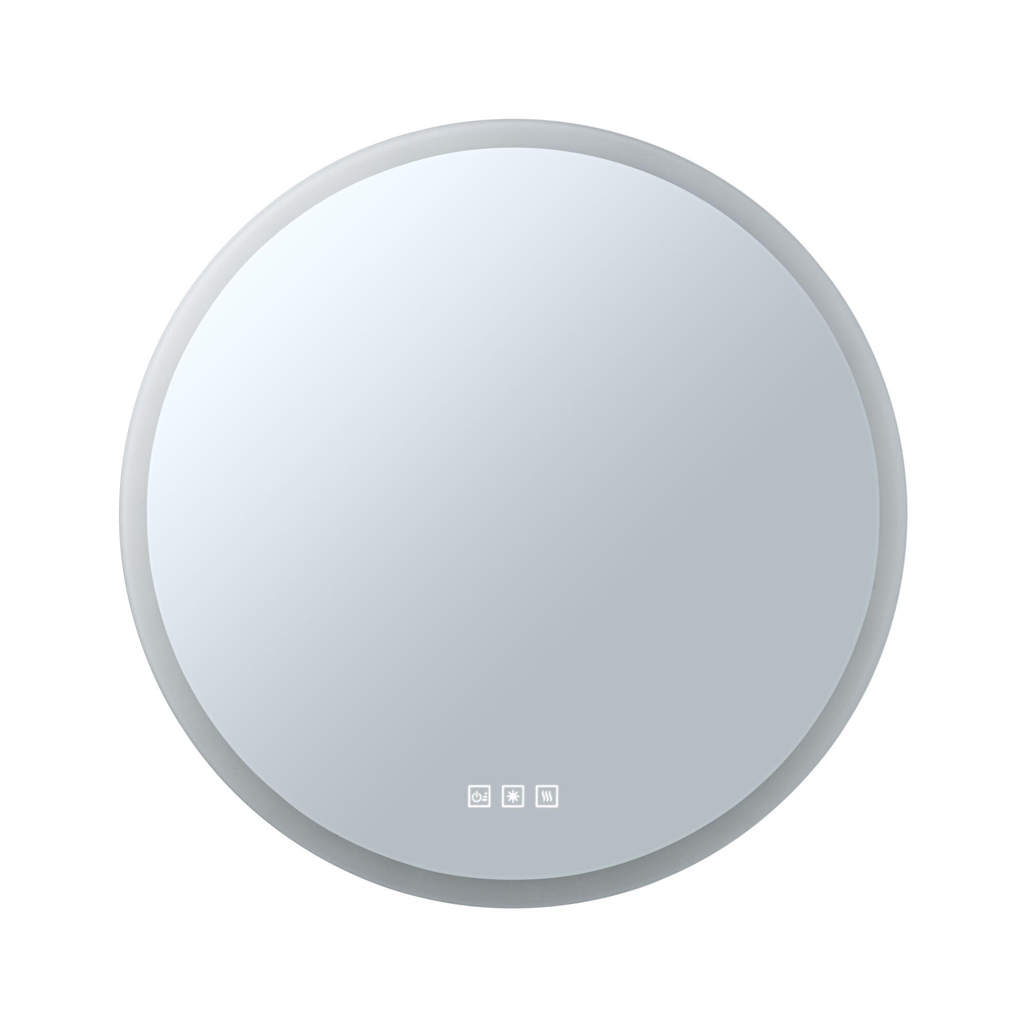 Round mirror with white frame and touch controls for light and heating, modern bathroom accessory