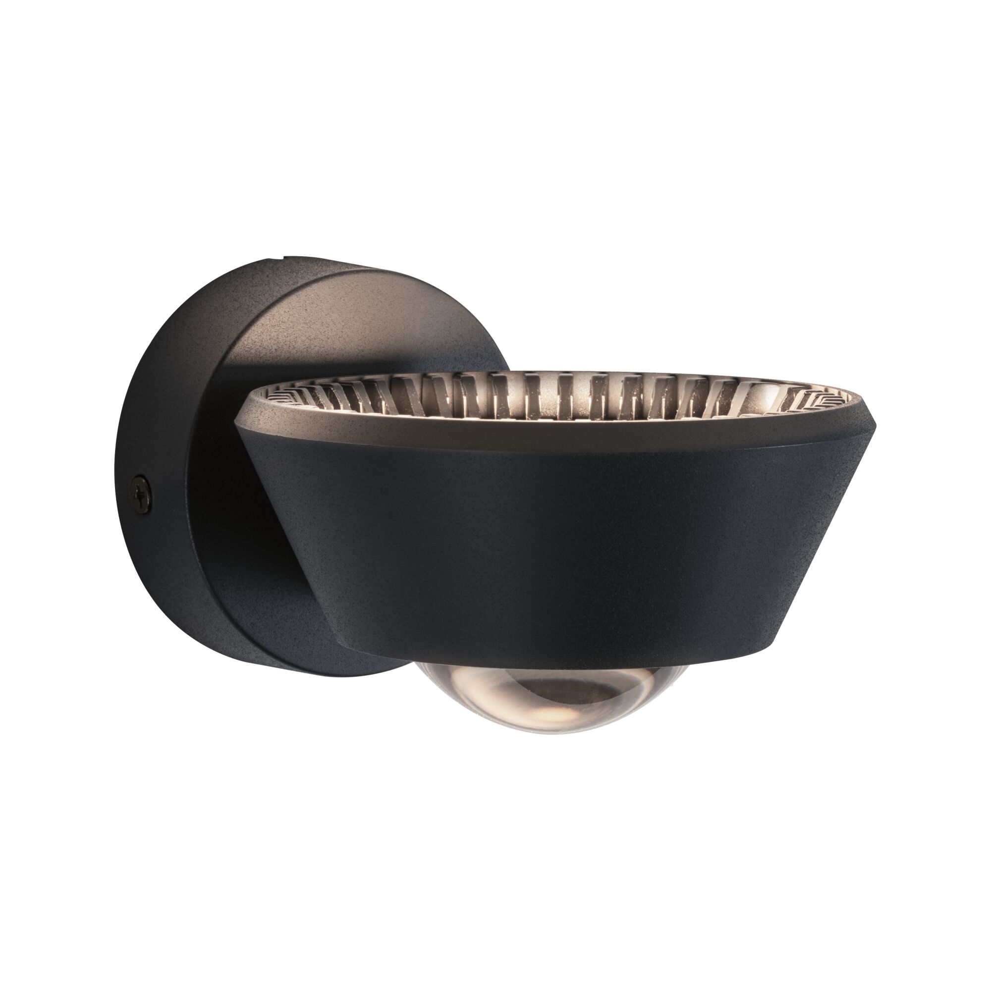 Black metal wall light with round shape and integrated LED for modern indoor lighting solutions