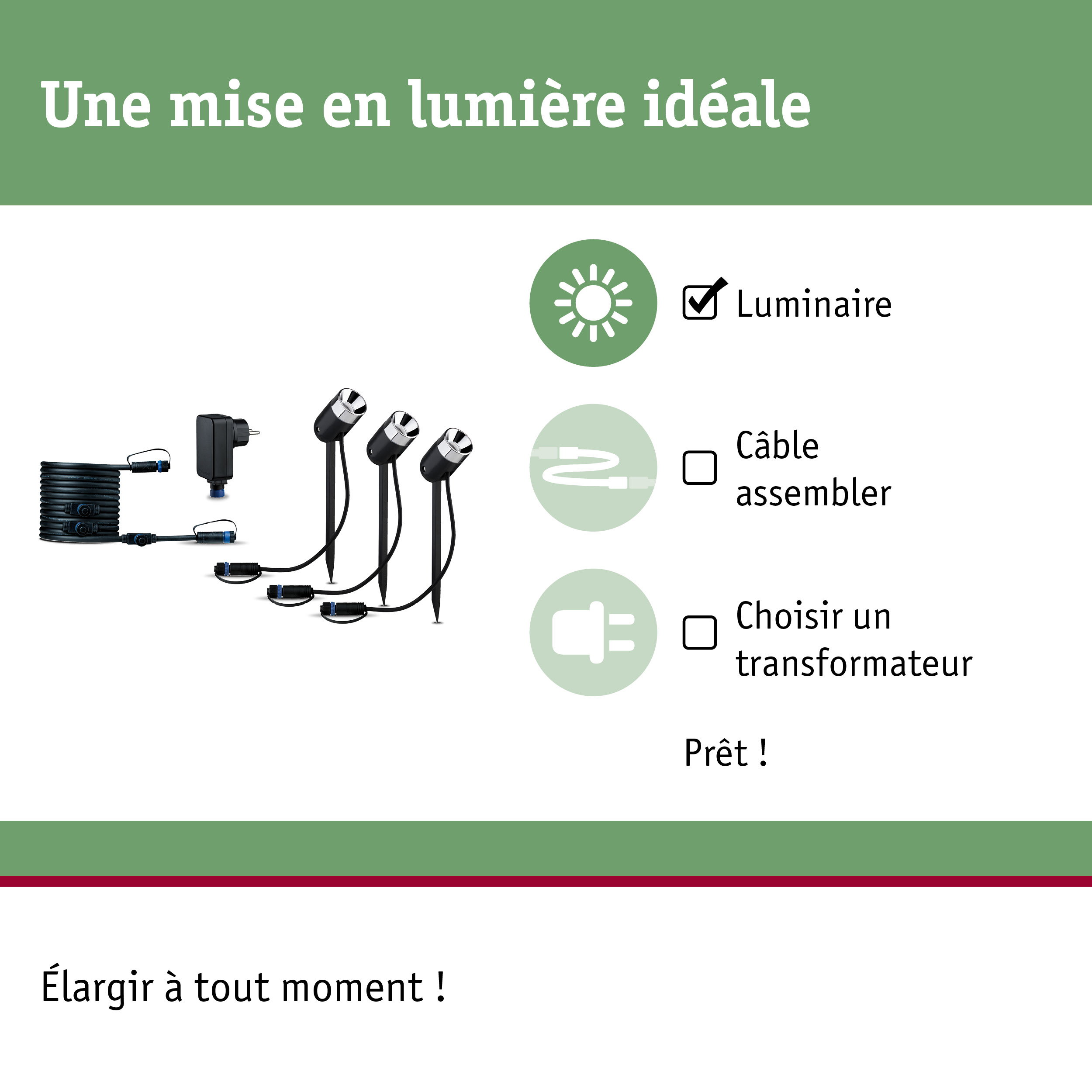 Ensemble de projecteurs LED noirs pour jardin avec câble et prise pour éclairage extérieur flexible