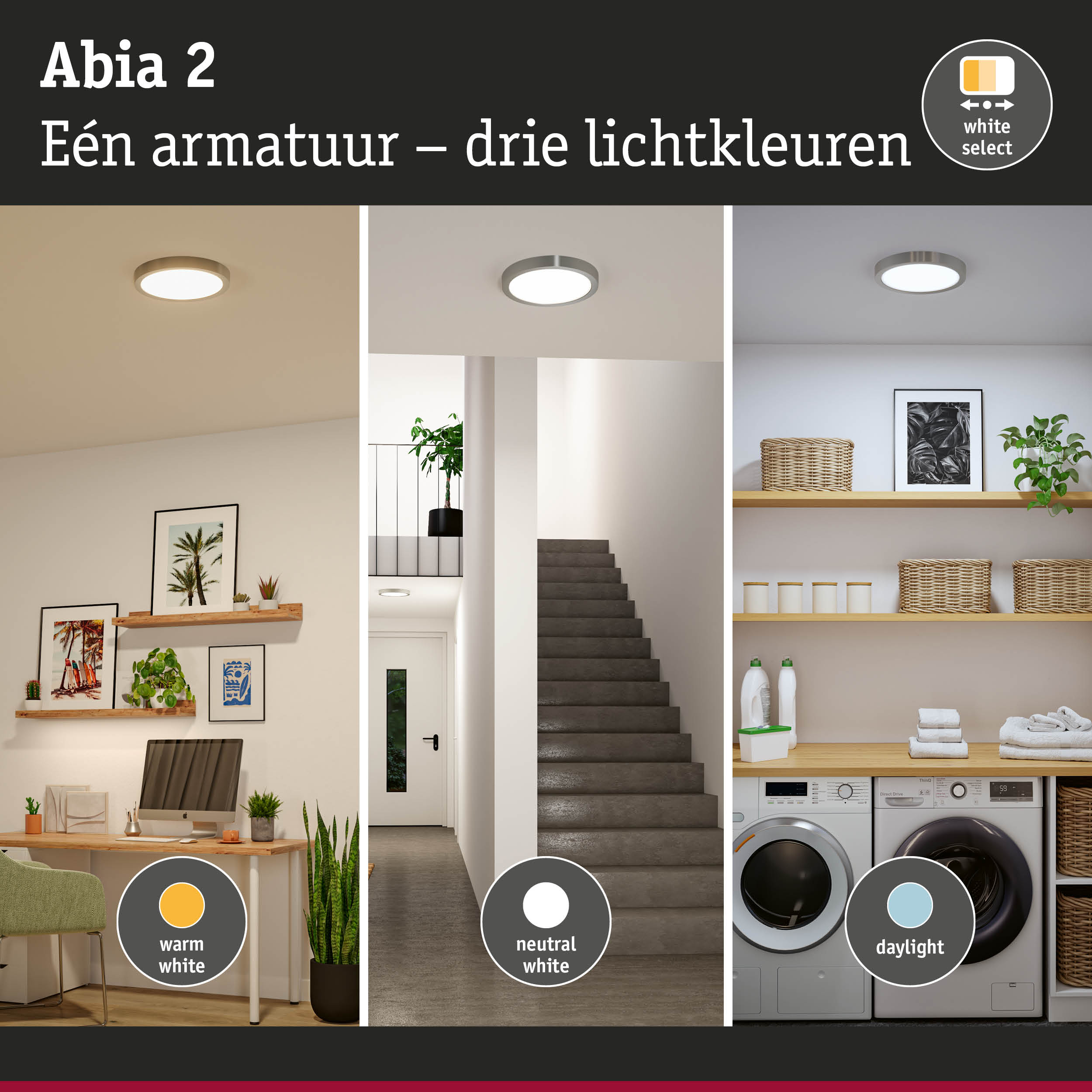 Abia 2 plafondlamp met drie lichtkleuren warm wit, neutraal wit en daglicht voor woonruimtes