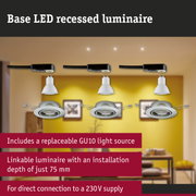 Base white LED recessed luminaire with black cable, includes replaceable GU10 light source, 230V connection
