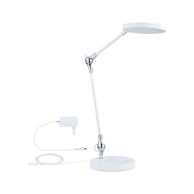 Hvid LED-skrivebordslampe med justerbar arm og rund metal- og plastiklampehoved