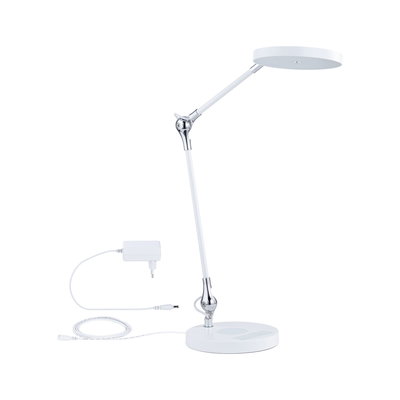 Weiße LED-Tischlampe mit verstellbarem Arm und rundem Leuchtkopf aus Metall und Kunststoff
