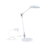 Weiße LED-Tischlampe mit verstellbarem Arm und rundem Leuchtkopf aus Metall und Kunststoff