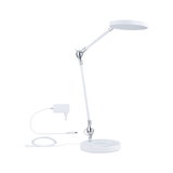 Weiße LED-Tischlampe mit verstellbarem Arm und rundem Leuchtkopf aus Metall und Kunststoff