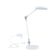 White LED desk lamp with adjustable arm and round metal and plastic light head