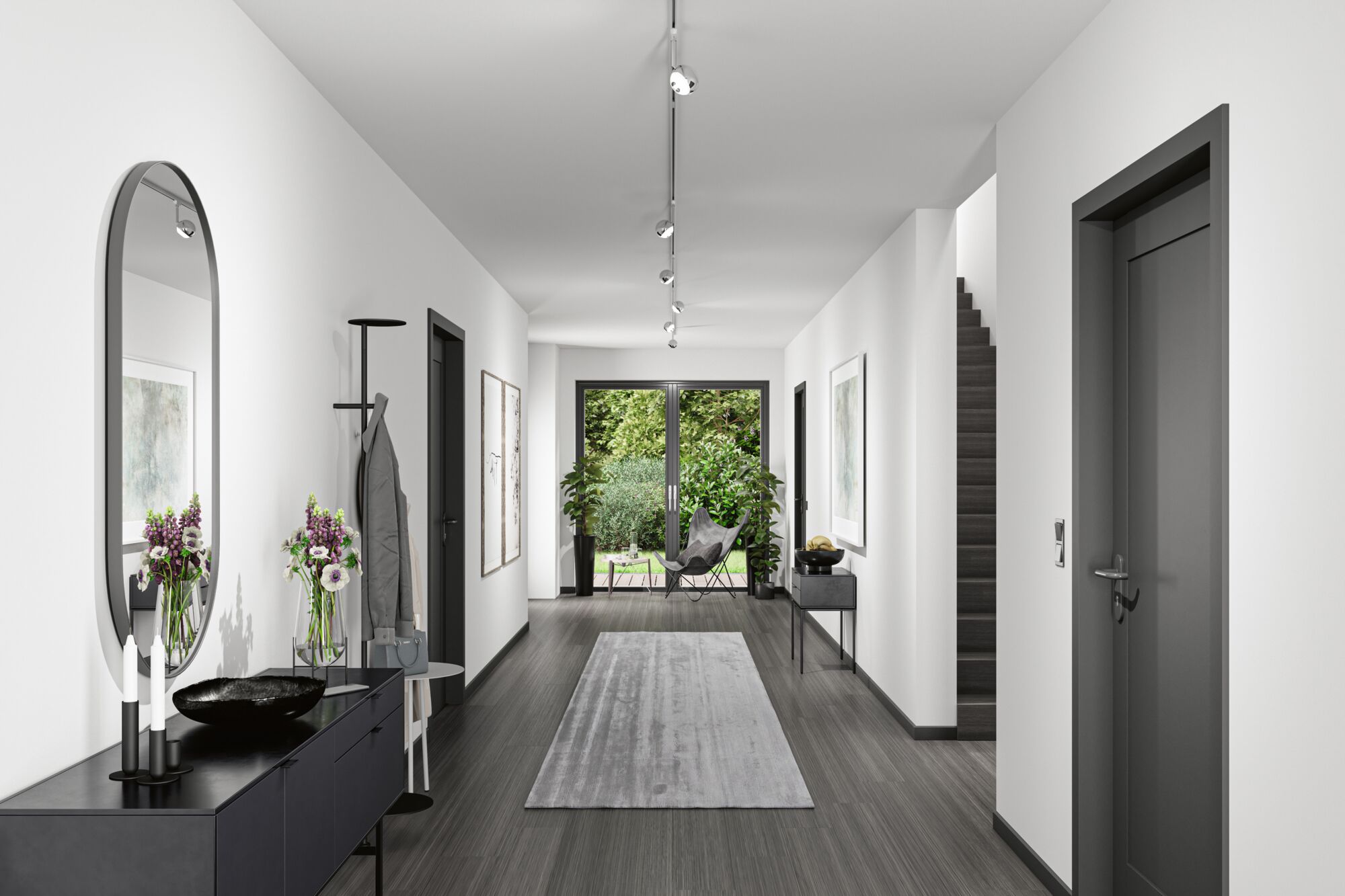 Moderner Flur mit grauem Boden, weißen Wänden, schwarzer Kommode und Paulmann LED-Deckenstrahlern.